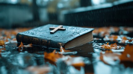 A Bible lies soaked in water surrounded by autumn leaves, symbolizing reflection and spirituality in a melancholic, rainy outdoor setting.