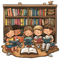 Reading children in cozy library setting, enjoying books together