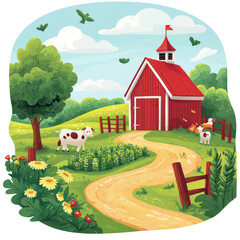 vibrant farm scene with red barn, cows, and lush greenery evokes peaceful countryside