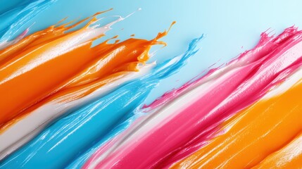 A lively and colorful spread of paint across a surface with dynamic texture, representing creativity and vibrancy through a mix of orange, blue, and pink hues.