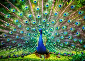 Obraz premium Vibrant and Colorful Peacock Displaying Its Stunning Feathers in Lush Green Natural Habitat