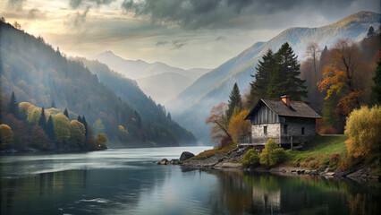 Fototapeta premium A rustic cabin sits peacefully by the river, surrounded by colorful autumn foliage and majestic mountains under a cloudy sky at dusk