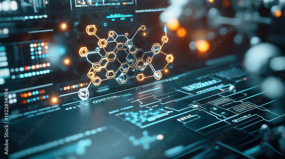 Poster futuristic molecular simulation with glowing hexagonal structures and digital interfaces, showcasing