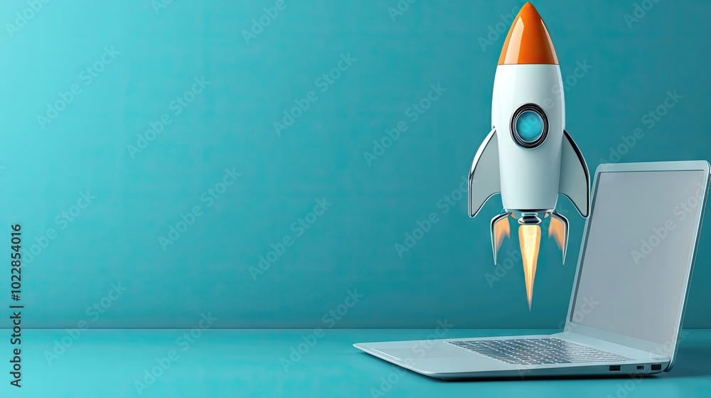 Poster rocket launching from a laptop screen in a minimalistic 3d style, representing the power of technolo