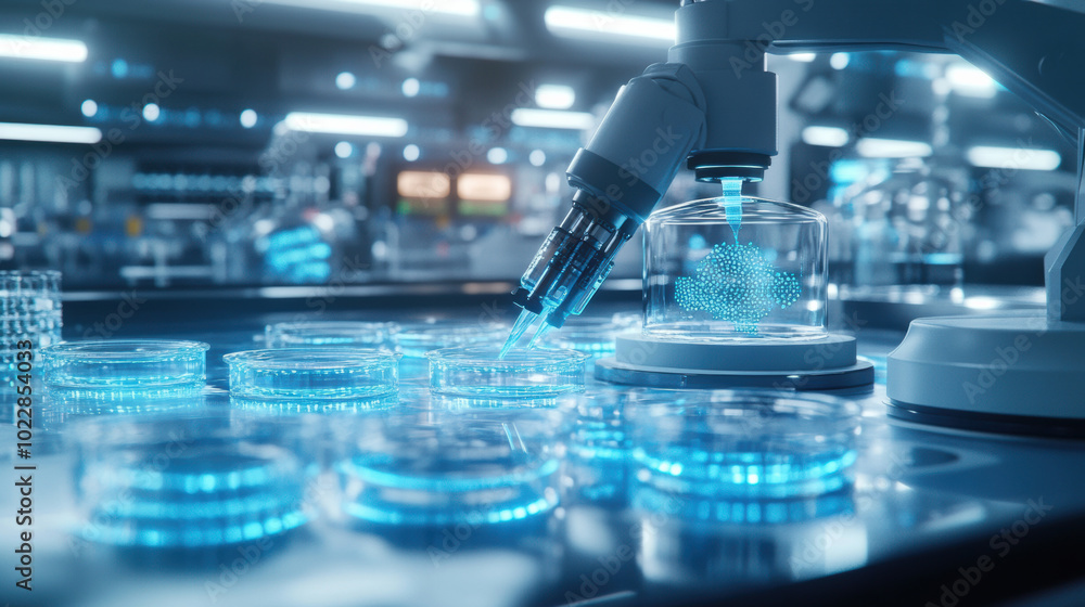 Aufkleber futuristic lab scene featuring advanced technology, where ai powered robots are conducting experimen