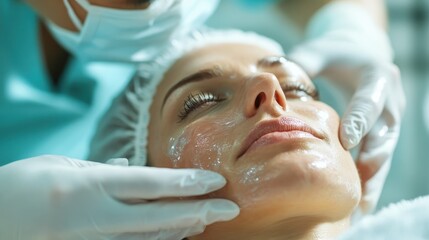 A woman's face during a skincare treatment, featuring a glistening cream applied by a professional wearing gloves, highlighting relaxation and rejuvenation.