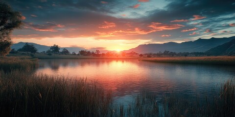 Fototapeta premium Tranquil Sunset Lake Scene