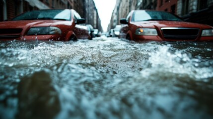 Fototapeta premium A dramatic image showcasing a street where vehicles are submerged in deep floodwaters, illustrating the intensity and impact of heavy urban rainfall on daily life.