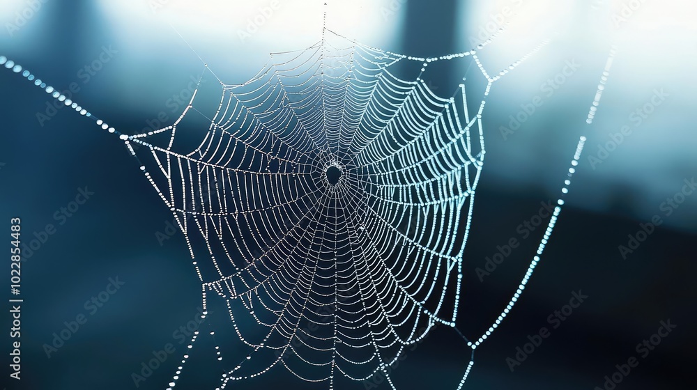 Poster a close-up view of a delicate spider web glistening with morning dew, showcasing intricate patterns 