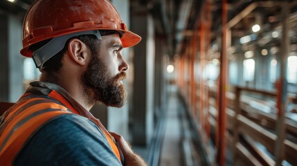 A focused construction worker wearing a hard hat and safety vest gazes thoughtfully across a bustling building site, suggesting themes of work and determination.
