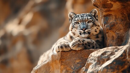 Fototapeta premium Snow Leopard Resting on a Rock