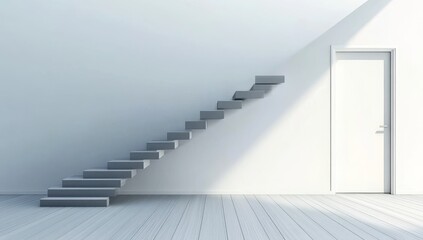Fototapeta premium A Minimalist Home with White Trim and Gray Stairs Leading to the Entrance Door, Showcasing Gray Wood Flooring in an Empty Room