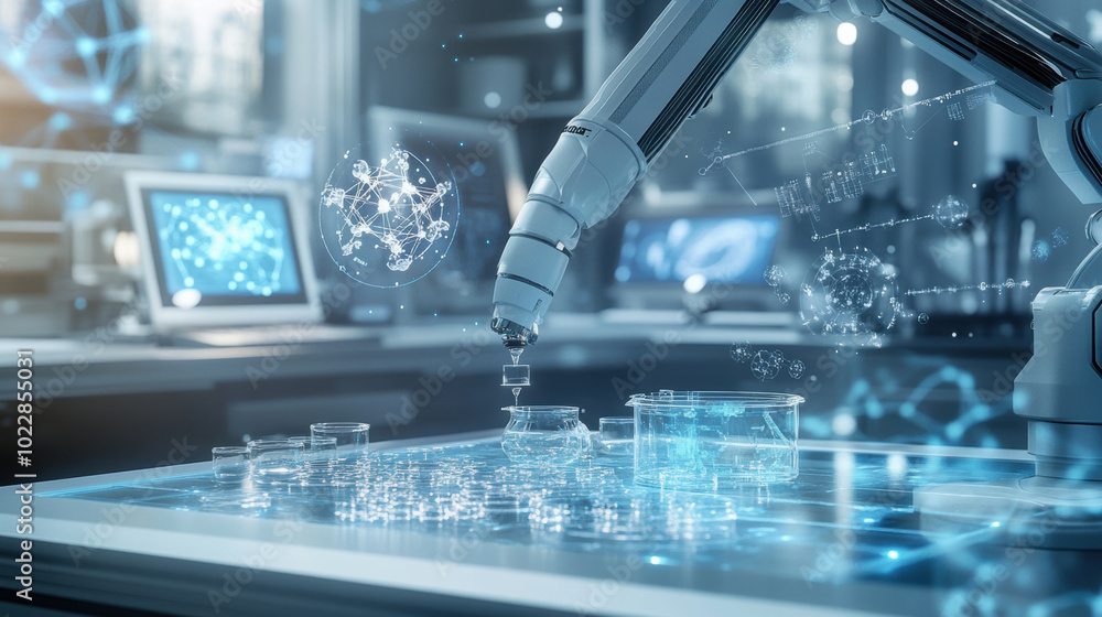 Poster high tech pharmaceutical laboratory featuring advanced robotic technology, showcasing robotic arm in