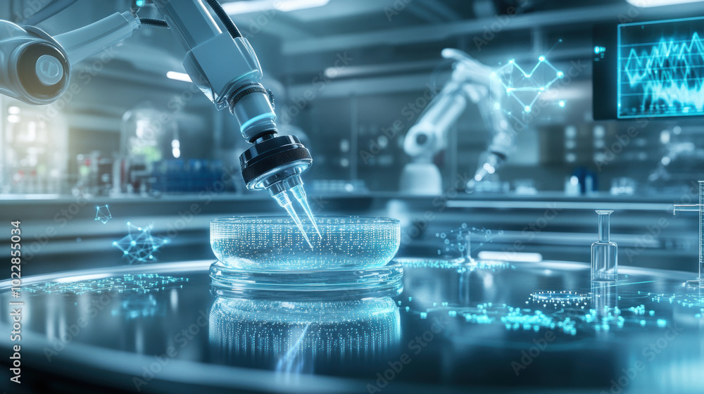 Poster high tech pharmaceutical laboratory featuring advanced robotic arms performing precise tasks with pe