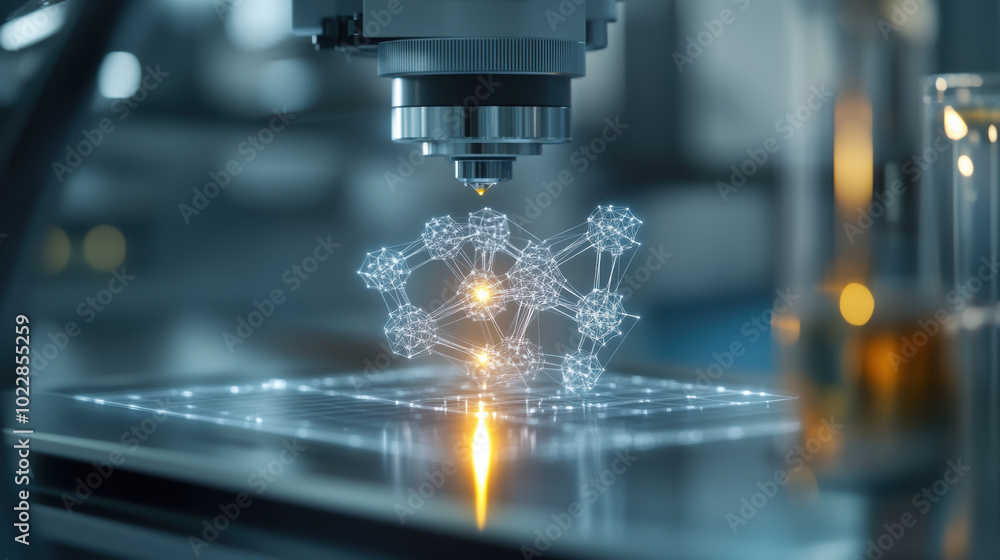 Poster molecular structure being built in 3d printer, showcasing advanced technology and innovation in mate
