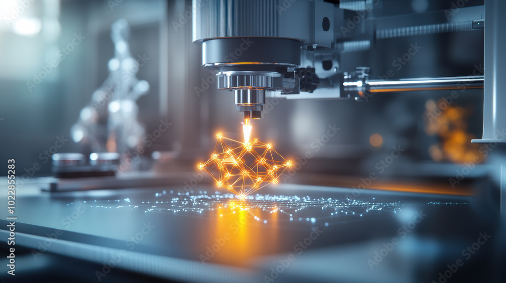 Poster 3d printer creating molecular structure with intricate details and glowing connections, showcasing a