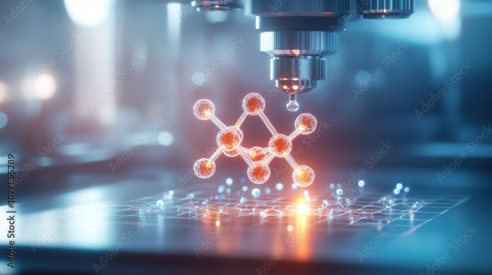 Poster molecular structure being built in 3d printer, showcasing advanced technology and innovation in mate