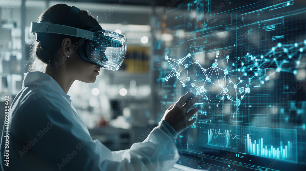 Poster pharmaceutical scientist wearing virtual reality (vr) goggles interacts with digital interface, show