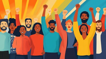 Fototapeta premium A diverse group of people raising their fists in solidarity against a colorful background.