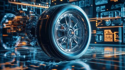 Fototapeta premium A 3D illustration for a CAE (Computer-Aided Engineering) concept, featuring a wheel as the central object.