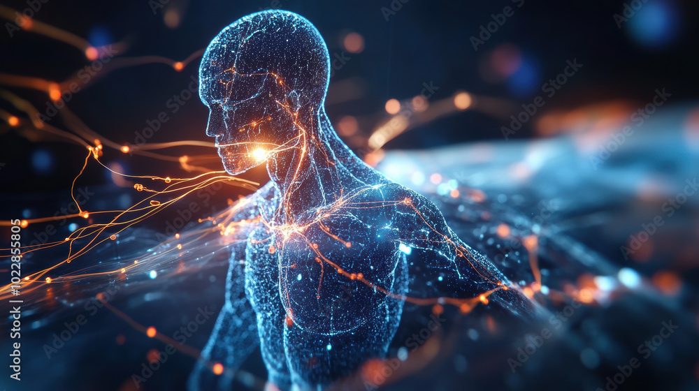 Poster digital representation of human figure illuminated with glowing lines and particles, symbolizing neural connections and energy flow. This evokes sense of innovation and technology in field of