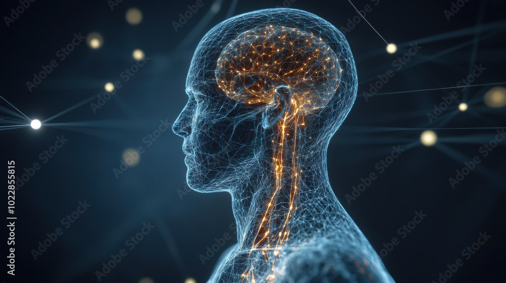 Poster digital representation of human head showcasing neural connections and brain activity, illustrating 