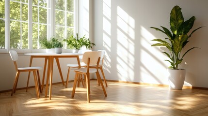 A bright dining area is highlighted by sunlight, featuring a round table with wooden chairs and lush green plants by the window, creating a serene atmosphere.