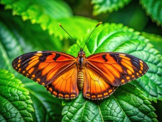Obraz premium Vibrant Antennae Butterfly Resting on a Leaf in a Lush Green Garden Under Bright Natural Light