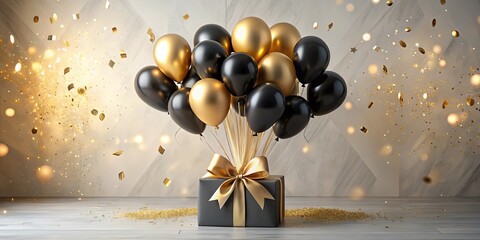 Naklejka premium Elegant Black and Gold Balloons Celebrate a Festive Occasion with Glittering Confetti and a Wrapped Gift