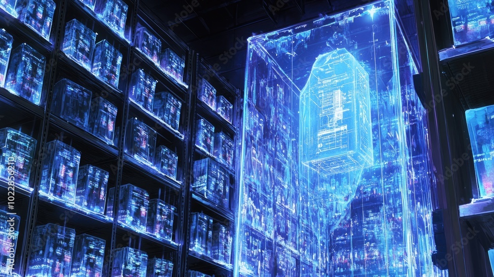 Poster smart warehouse logistics with ar tech, where package data is displayed in real-time for faster and 