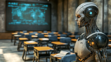 A 3D rendering of a cyborg teaching in a classroom or training room.