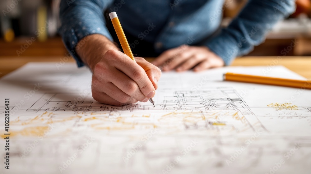 Poster architect drafting building plans on workspace. close-up of hand drawing architectural blueprints