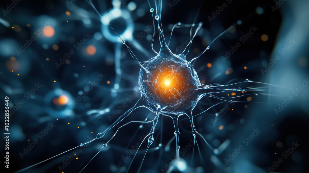 Poster close up view of neuron showcasing its intricate structure and glowing core, representing complexity