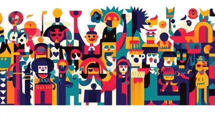 Obraz premium A vibrant illustration featuring diverse characters and cultural symbols in a colorful design.