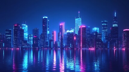 Fototapeta premium City Night Scene with Bright Lights on a Blue Horizon