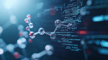 Abstract depiction of drug design featuring molecular structures and digital data, illustrating intersection of science and technology in pharmaceutical research
