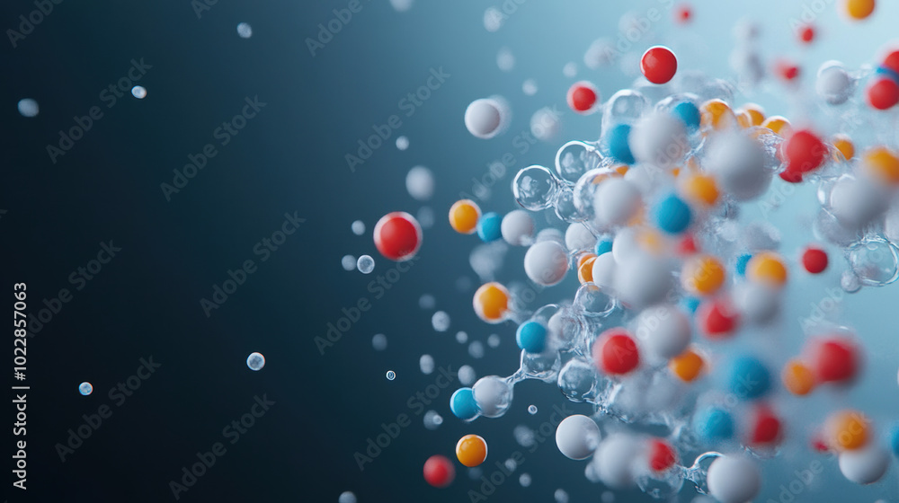 Poster molecular structures and colorful particles float in dynamic, abstract representation of chemical co