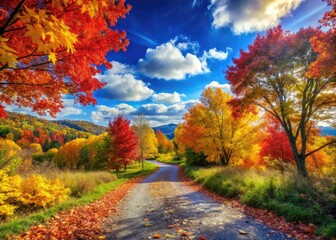 Fototapeta premium Vibrant Autumn Landscape with Colorful Leaves and Scenic Pathway Under Clear Blue Sky