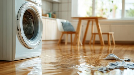 A leak from a washing machine spreads water across a wooden floor, creating a shimmering effect as light from the room highlights the glistening surface.