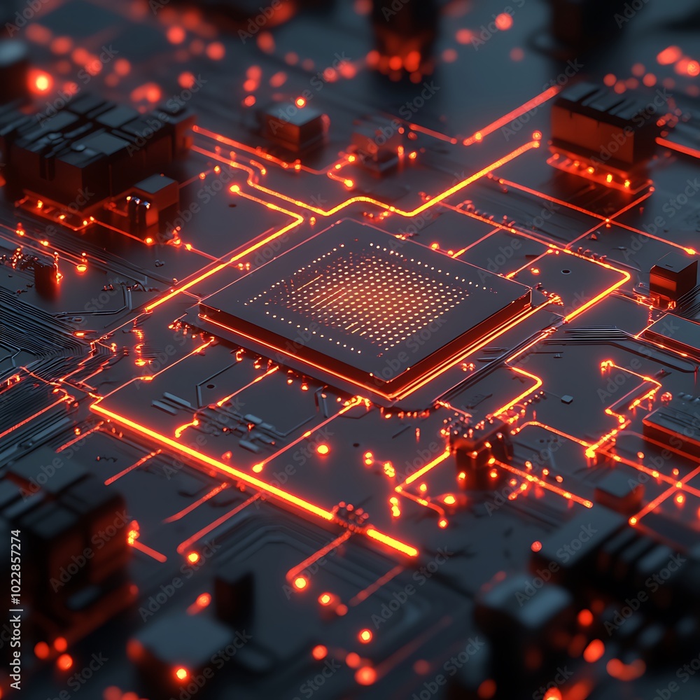 Poster intricate computer motherboard design with red lights and circuits