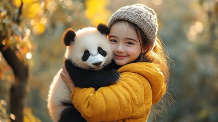 Obraz premium Girl Holding a Panda Cub