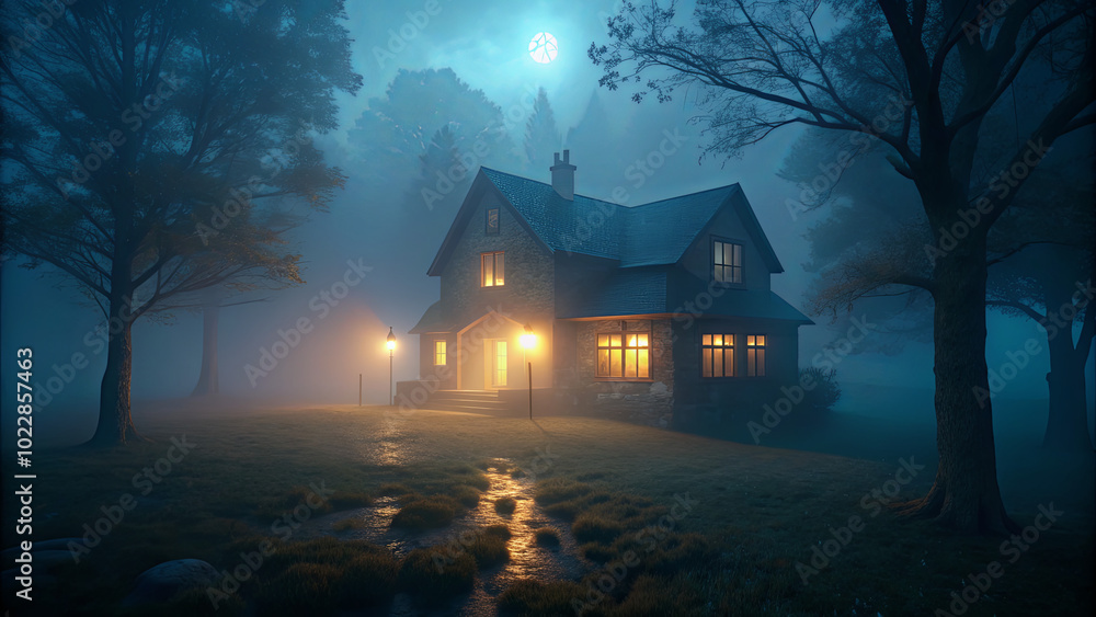 Poster A charming house stands in a foggy setting, with warm lights shining from its windows. The surrounding forest is enveloped in mist, creating an eerie yet captivating atmosphere