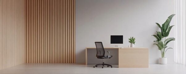 Modern office interior with wooden desk and chair, minimalistic design