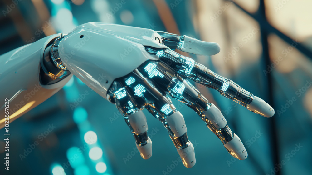 Aufkleber a dynamic 3d render depicting an ai robot engineer, showcasing hands with intricate mechanical desig