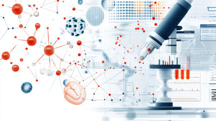 Innovative microscope technology showcases stages in drug discovery, highlighting molecular structures and scientific data. This captures essence of research and development in pharmaceuticals