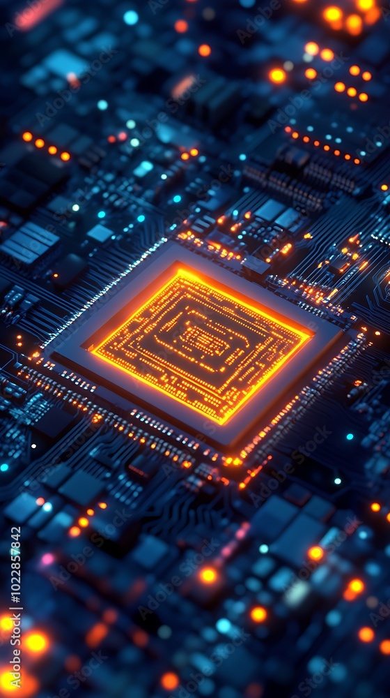 Poster red glow highlights the circuit paths on computer motherboard