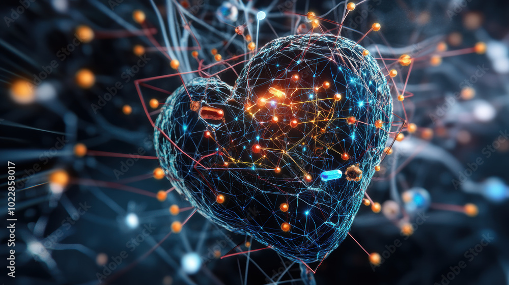 Poster digital representation of heart made of interconnected lines and nodes, symbolizing love and technol