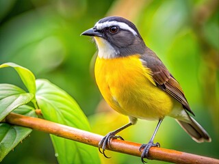 Vibrant Bananaquit Bird perched on a branch amidst lush tropical foliage in a natural setting