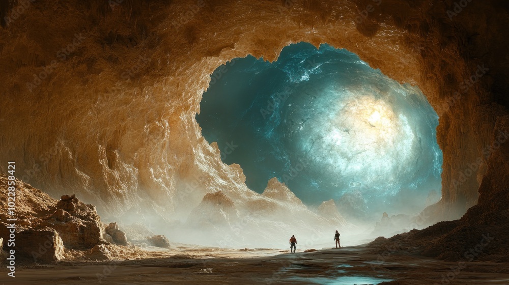 Poster two figures exploring a cosmic cave with a starry backdrop.