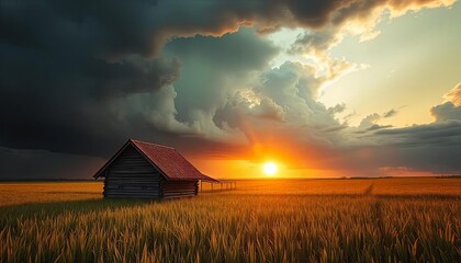A beautiful sunset casts warm orange and yellow hues over a tranquil wheat field, featuring a charming wooden cabin under an expansive sky filled with dark clouds